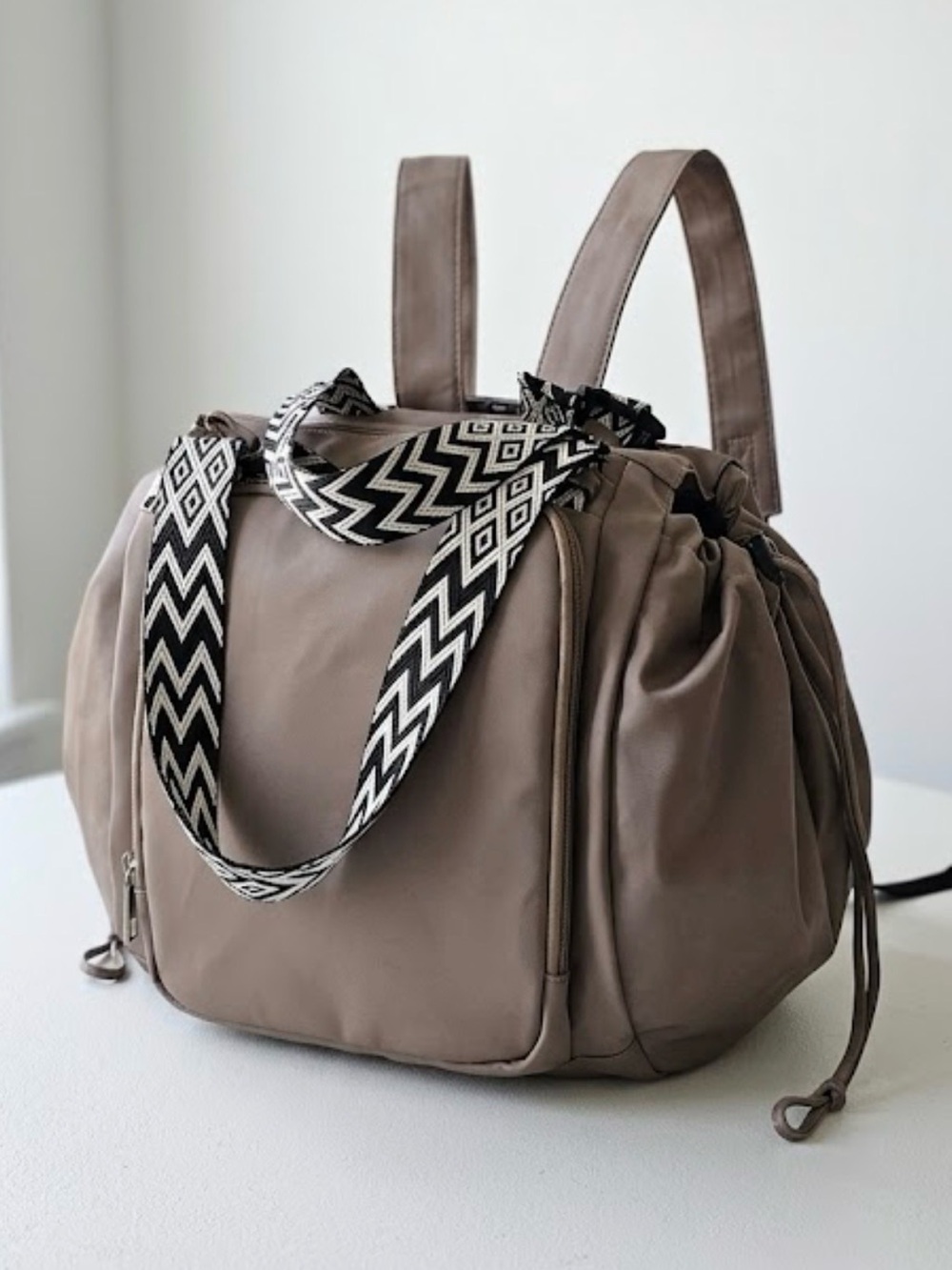 Taupe Convertible Women’s Backpack with Chevron Strap